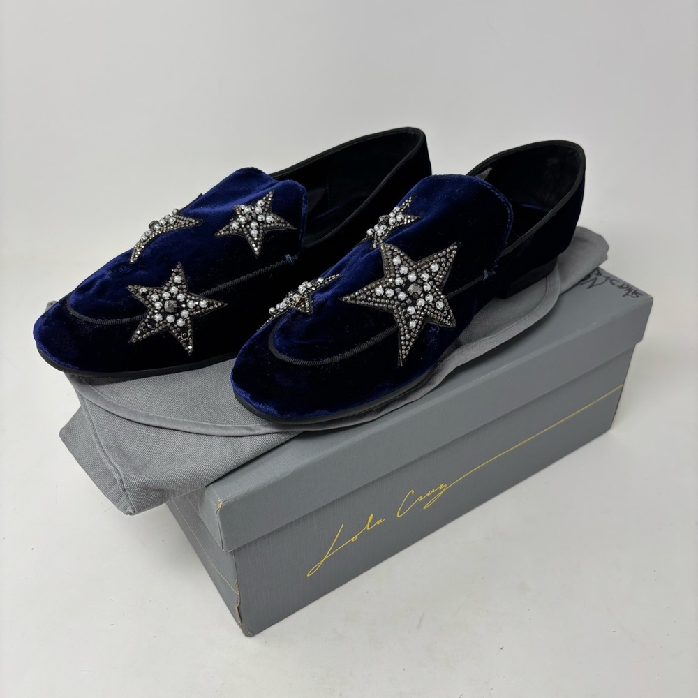 Lola Cruz Navy Blue Velvet Star Loafers Size 37